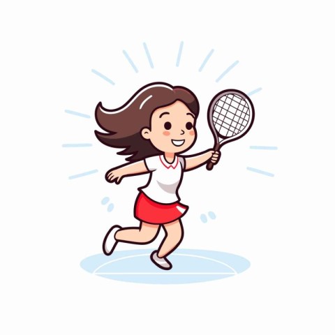 Cute little girl playing tennis. Vector illustration in cartoon