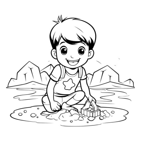 Boy playing in the sand with a bucket. Coloring book for childre