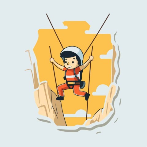 Vector illustration of a boy climbing on a rope in the mountains