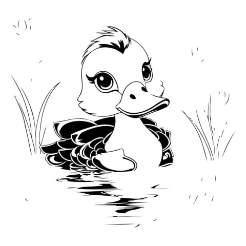 Duck swimming in the lake. Black and white vector illustration.