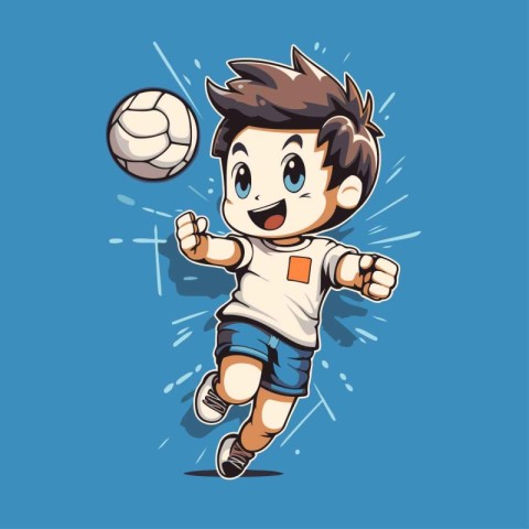 Cartoon soccer player running with ball on blue background. Vect