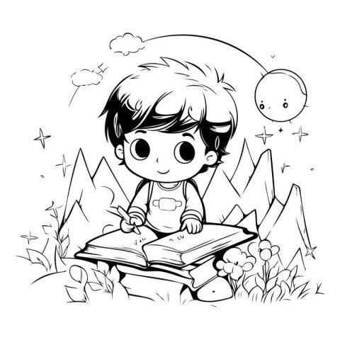 Boy reading a book in the mountains. Vector illustration for col