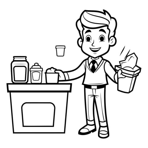 Coffee Shop Boy - Black and White Cartoon Illustration. Vector