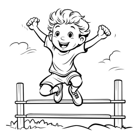 Happy boy jumping over obstacle. Black and white vector illustra