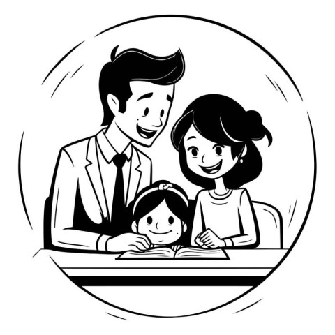 Happy family reading a book at home. Black and white illustratio