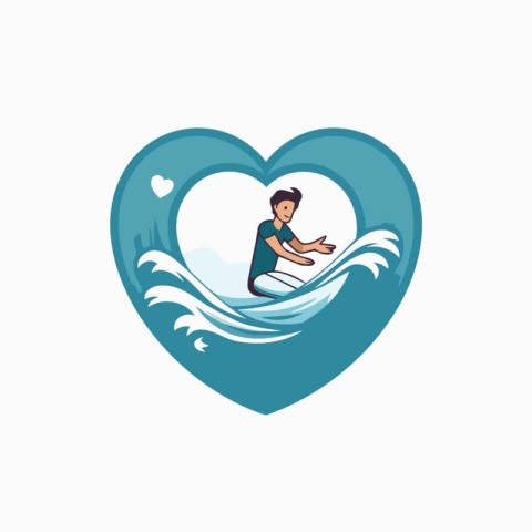 Man surfing on the wave in the shape of a heart. Vector illustra