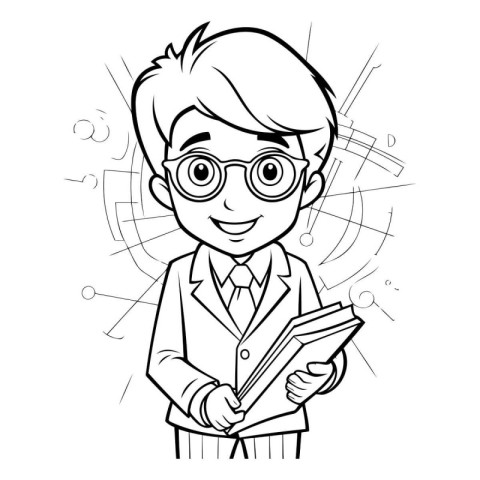 Black and White Cartoon Illustration of Kid Boy Student with Boo