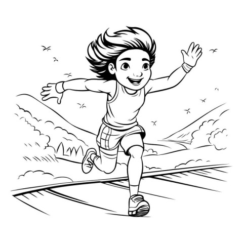 cute little girl running in the park. black and white illustrati