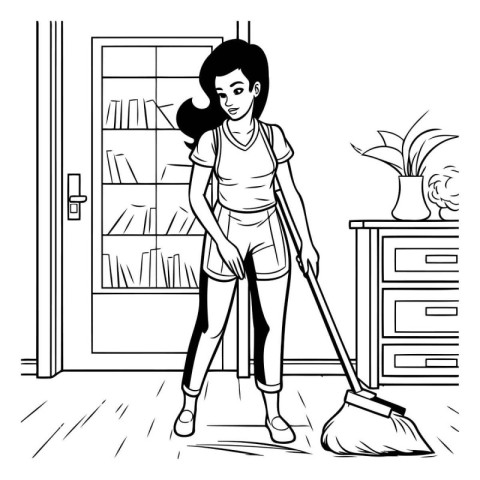 Housewife cleaning floor with broom and dustpan cartoon vector i