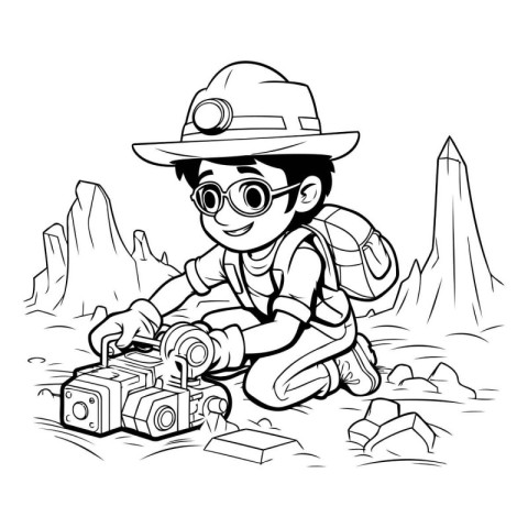 Cartoon illustration of a boy explorer or explorer sitting on th