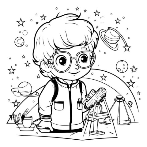 Cute little boy with glasses and a telescope on the background o