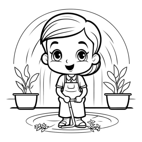 Outline of a little girl gardening. Vector illustration for colo