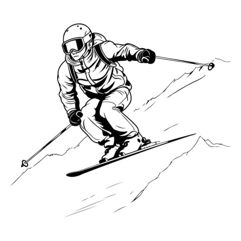 Skier jumping on a mountain slope. Vector illustration in black