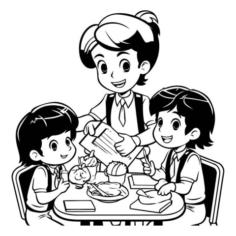 Children eating at the table. Black and white vector illustratio