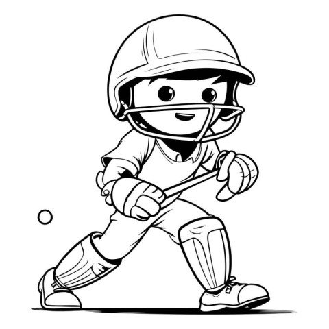 Cricket Player - Black and White Cartoon Illustration. Vector