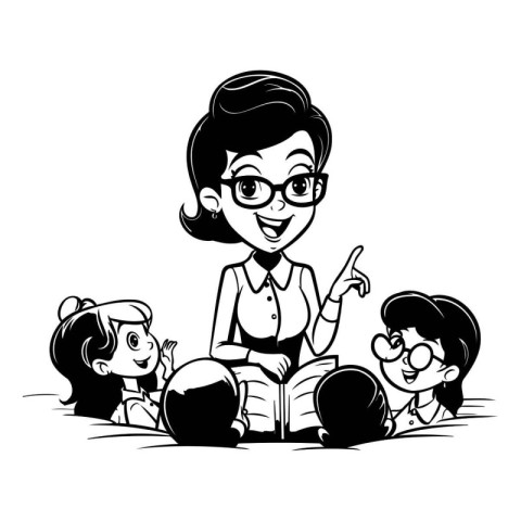 Teacher with students. Black and white vector illustration for c