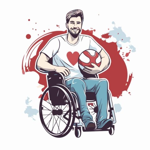 Handicapped man in a wheelchair with a soccer ball. Vector illus