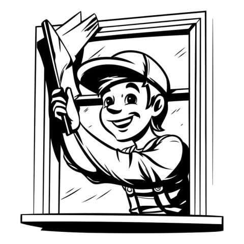 Cartoon illustration of a handyman cleaning window with a squeeg