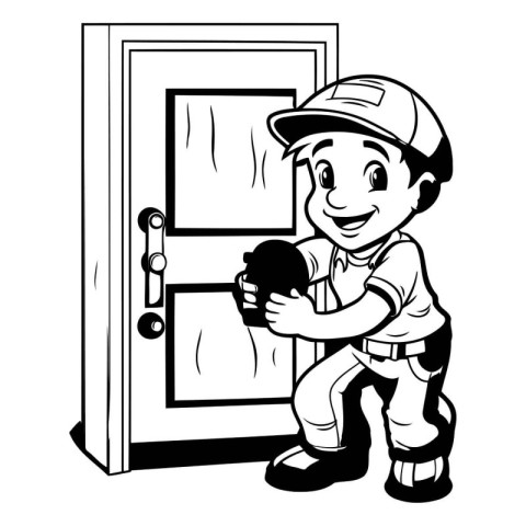 Illustration of a Little Boy Wearing a Plumber's Cap Opening a D