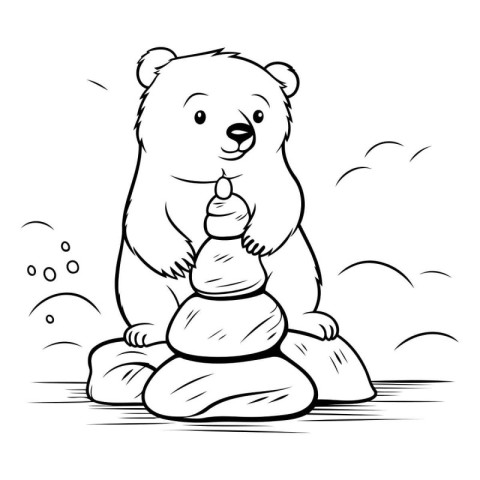 Illustration of a cute polar bear sitting on a rock and holding