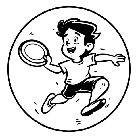 Black and White Cartoon Illustration of a Kid Playing Badminton