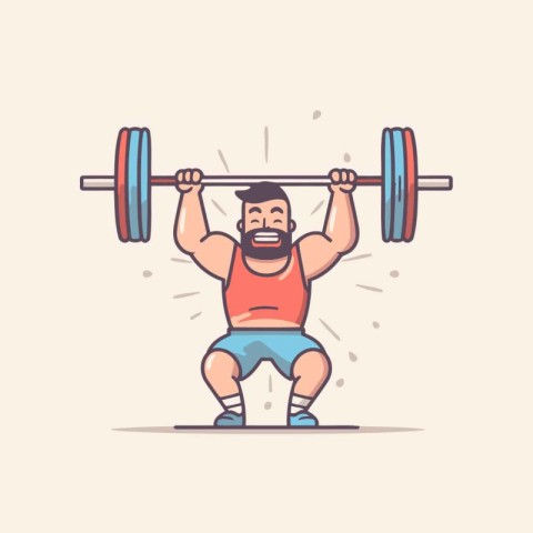 Man lifting a barbell. Vector illustration in flat cartoon style