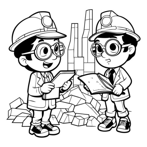 Black and White Cartoon Illustration of Two Industrial Workers o