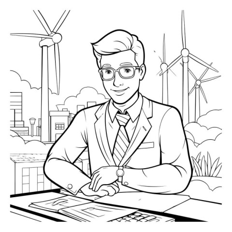 businessman in the city with wind turbines. black and white illu