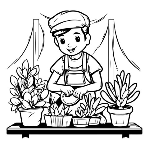 Cute boy working in the garden. black and white vector illustrat