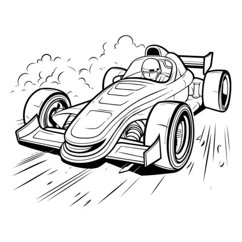 illustration of a vintage race car in black and white colors.