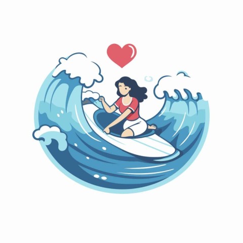 Vector illustration of a woman riding on a surfboard in the ocea