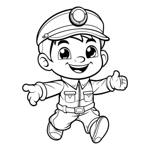 Black and White Cartoon Illustration of a Cute Little Boy Captai