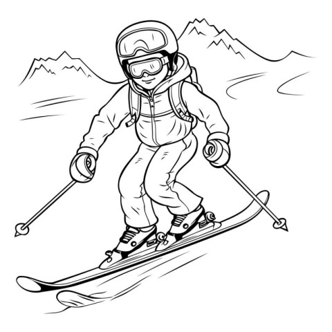 Skiing. Black and white vector illustration of skier.