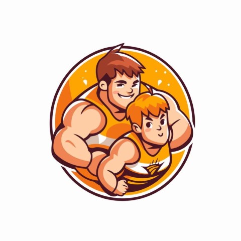 Vector illustration of a strong man and his son doing pull ups.