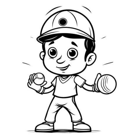 Cartoon Little Boy Baseball Player - Black and White Vector Illu