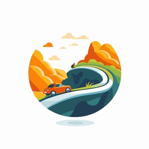 Car on the road in the mountains. Vector illustration in flat st