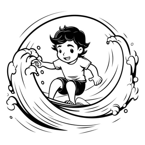 Vector illustration of a boy on a surfboard in a circle.