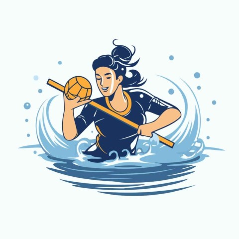 Water polo player with the ball on the water. Vector illustratio