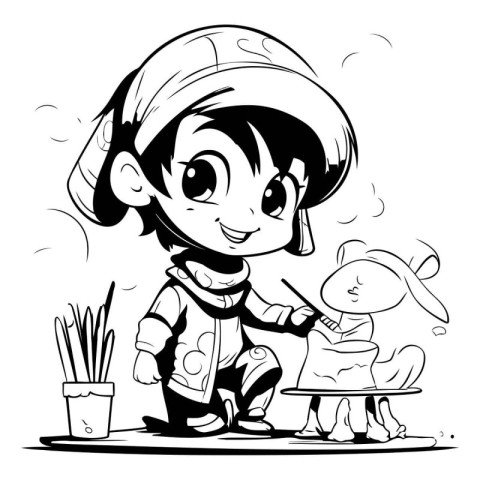 Girl with rabbit and watering can - black and white vector illus