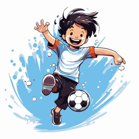 Illustration of a boy kicking a soccer ball on a white backgroun