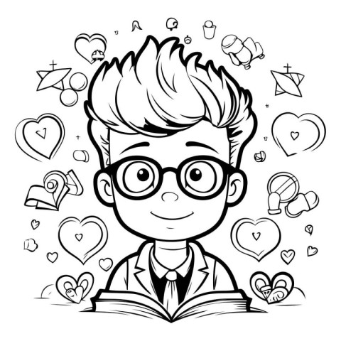 Cute cartoon boy with glasses and book. Vector illustration for