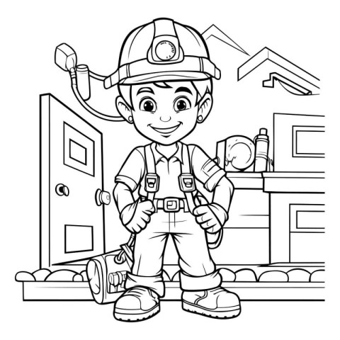 Black and White Cartoon Illustration of Little Fireman or Firema