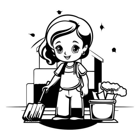 Cute little girl cleaning the house. Black and white vector illu