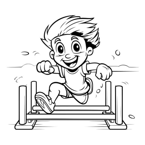 Boy running on a treadmill. Black and white vector illustration