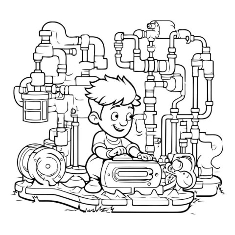 Black and White Cartoon Illustration of Kid Boy Repairing Water