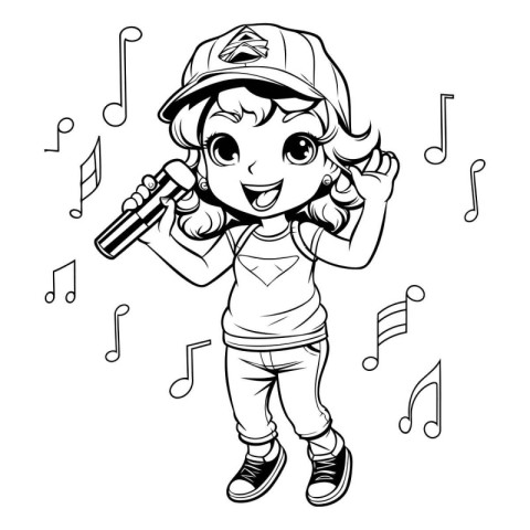 Black and White Cartoon Illustration of Cute Little Girl Singing