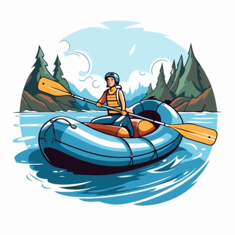 Man paddling in inflatable boat. Vector illustration in cartoon