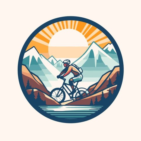 Mountain bike round icon with sunburst and mountains on the back