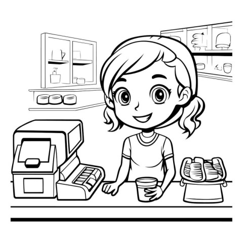 Black and White Cartoon Illustration of Kid Girl Shopping at the