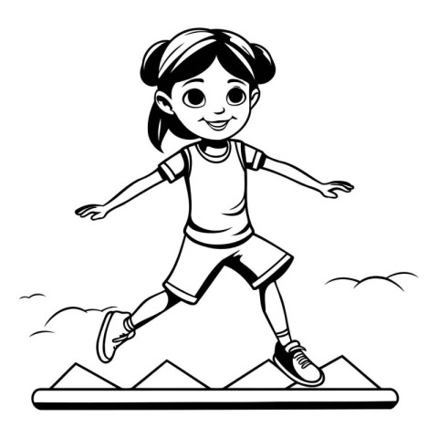 Girl running on the mountain. black and white vector illustratio